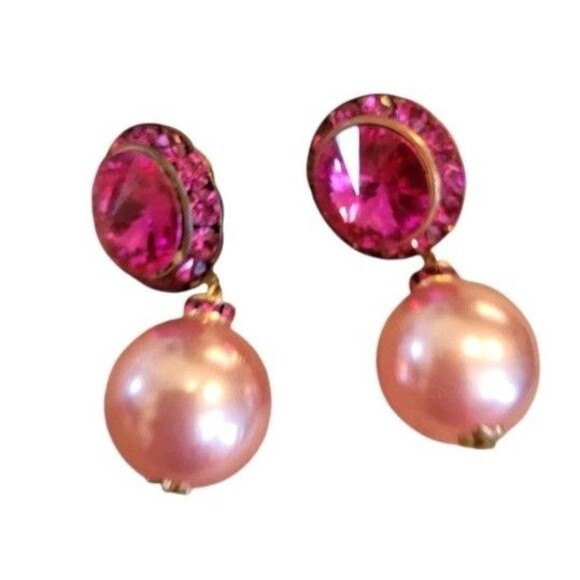 Huge Pink Rhinestone Bobble Faux Pearl Statement HOT PINK Pierced Earrings - Picture 9 of 9